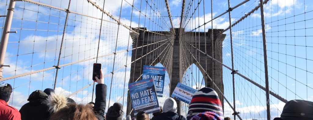 No Hate No Fear march on Brooklyn Bridge, view from crowd.