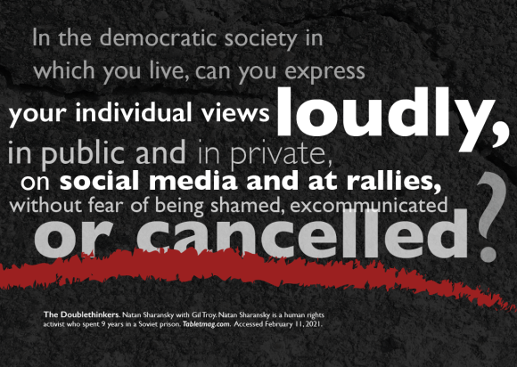 Text over abstract background: In the democratic society in which you live, can you express your individual views loudly, in public and in private, on social media and at rallies, without fear of being shamed, excommunicated or cancelled?