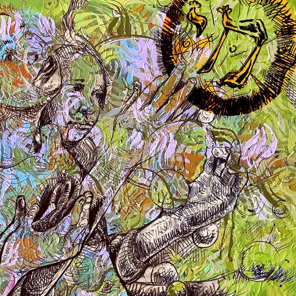 hands reaching toward hebrew chai character.